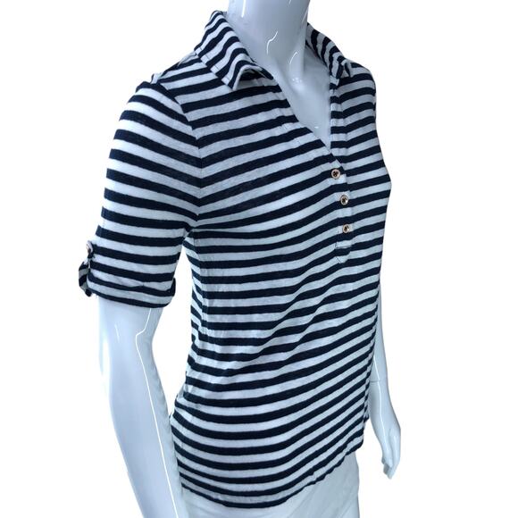 Chicos Womens Size 0 US 4 Small Polo Shirt Blue White Stripe Nautical 100% Linen - Picture 10 of 16